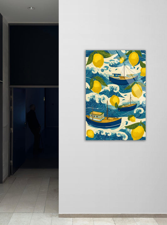 Tempered Glass Wall Art – Lemon Orchard Mural with Blue Boat Coastal Decor