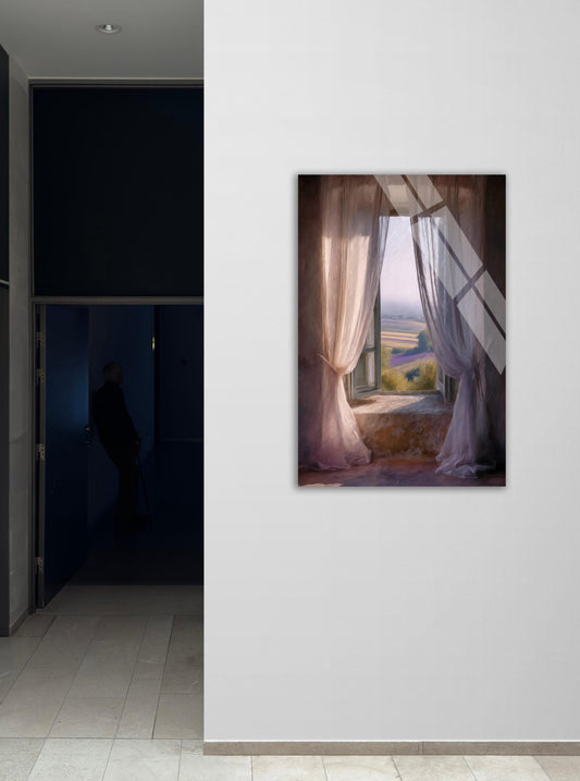 Tempered Glass Wall Art – Impressionist Landscape With Lavender Fields & Sheer Curtains