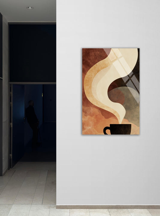 Coffee Cup Wall Art - Abstract Tempered Glass Panel | Minimalist Kitchen Decor