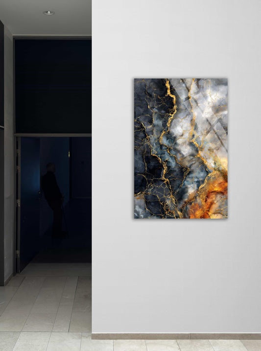 Tempered Glass Wall Art – Abstract Black Gold Marble Print | Luxury Office Decor