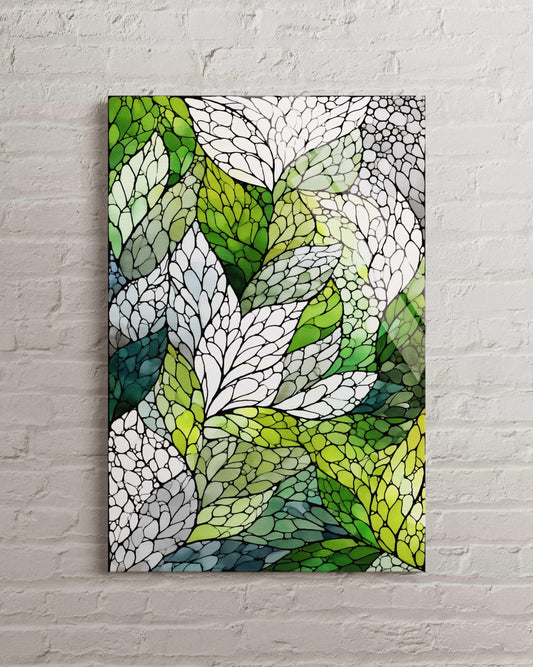 Abstract Botanical Tempered Glass Wall Art – Green Leaf Mosaic, Durable Panel