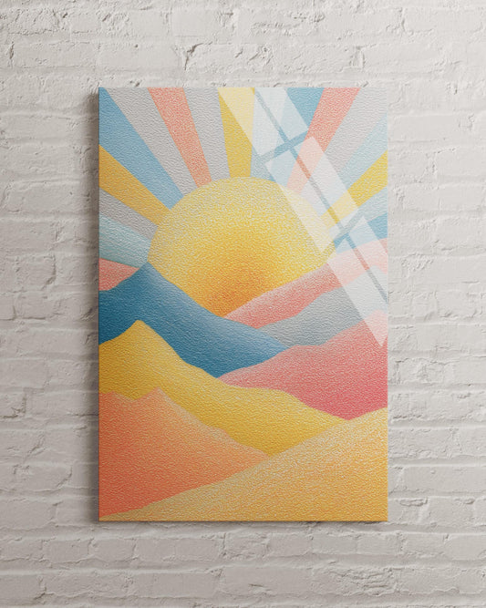 Tempered Glass Wall Art - Retro Sun Landscape With Vibrant Mid Century Print