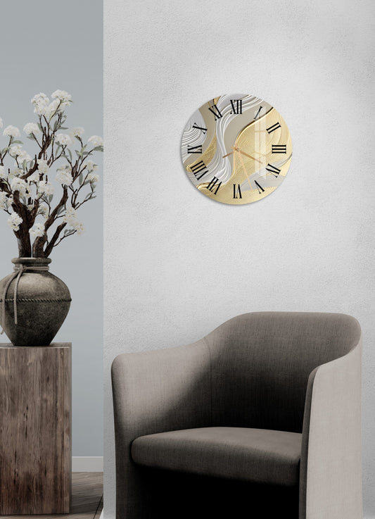 a living room with a chair and a clock on the wall