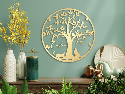 Custom Cat Tree Wall Art – Personalized Metal Pet Name Sign, Black Silhouette