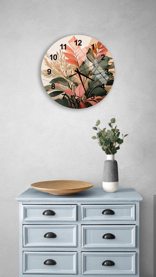 a clock on a wall above a dresser