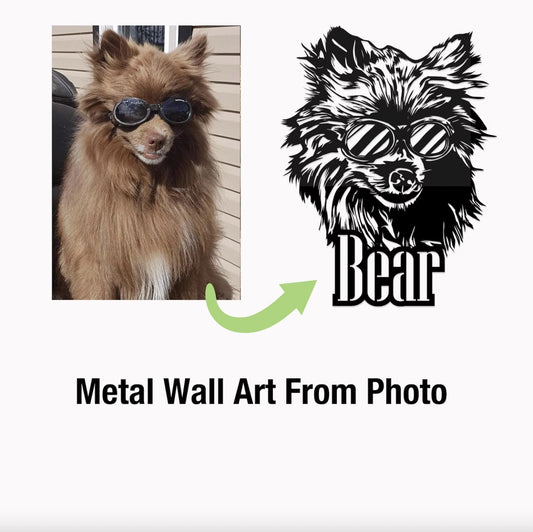 a brown dog wearing sunglasses, and there is a metal wall art piece that looks like a bear wearing sunglasses.