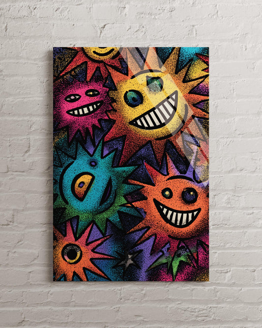 Tempered Glass Wall Art - Colorful Pop Decor With Funky Psychedelic Sun Print