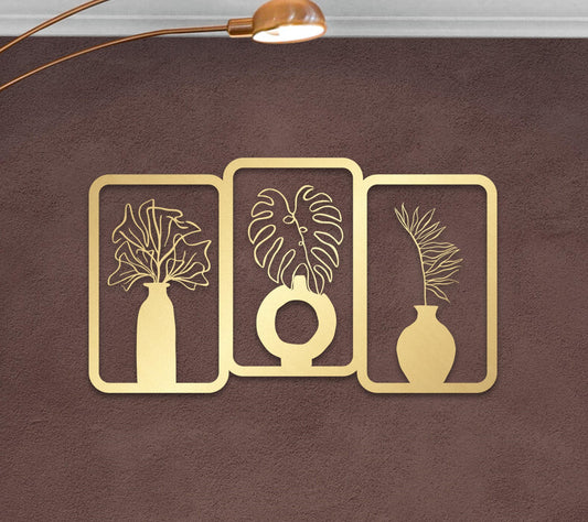 Gold Metal Wall Art - Modern Botanical Vase Decor Set | Durable 3-Piece Floral Panel