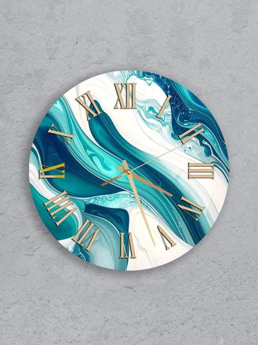 six round wall clocks with unique designs, arranged in a grid pattern on a gray background.