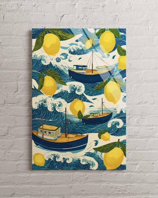 Tempered Glass Wall Art – Lemon Orchard Mural with Blue Boat Coastal Decor