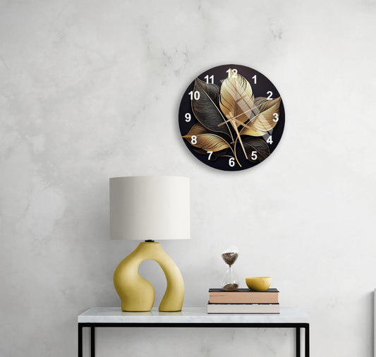 Tempered Glass Wall Clock - Gold Leaf Floral Design on Black Background, Silent