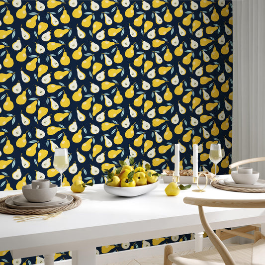 a dining table set with plates, bowls, and glasses, with a bowl of fruit and a bowl of nuts on the table. The table is surrounded by chairs, and the wall behind the table has a repeating pattern of yellow and blue pears.