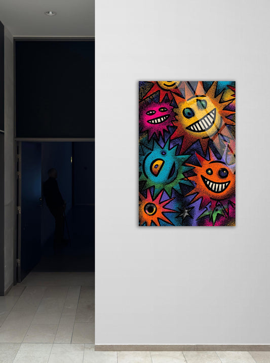Tempered Glass Wall Art - Colorful Pop Decor With Funky Psychedelic Sun Print