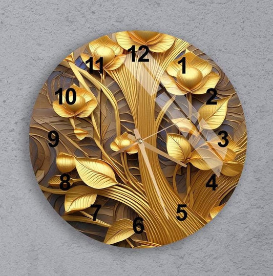 Gold Wall Clock - Tempered Glass Clock With Abstract Floral 3D Effect Decor