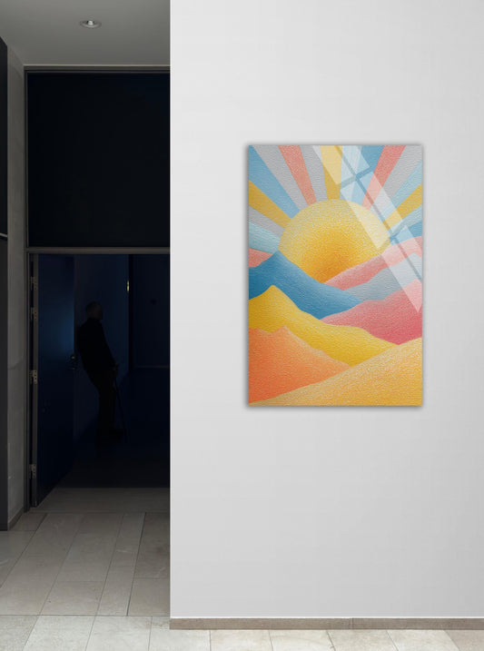 Tempered Glass Wall Art - Retro Sun Landscape With Vibrant Mid Century Print