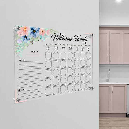 Personalized Acrylic Wall Calendar, Floral Family Wall Planner, Dry Erase Board, School Planner, Monthly , Weekly Calendar, Command Center,