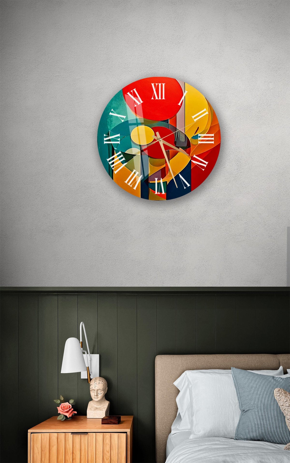 a bedroom with a bed and a clock on the wall