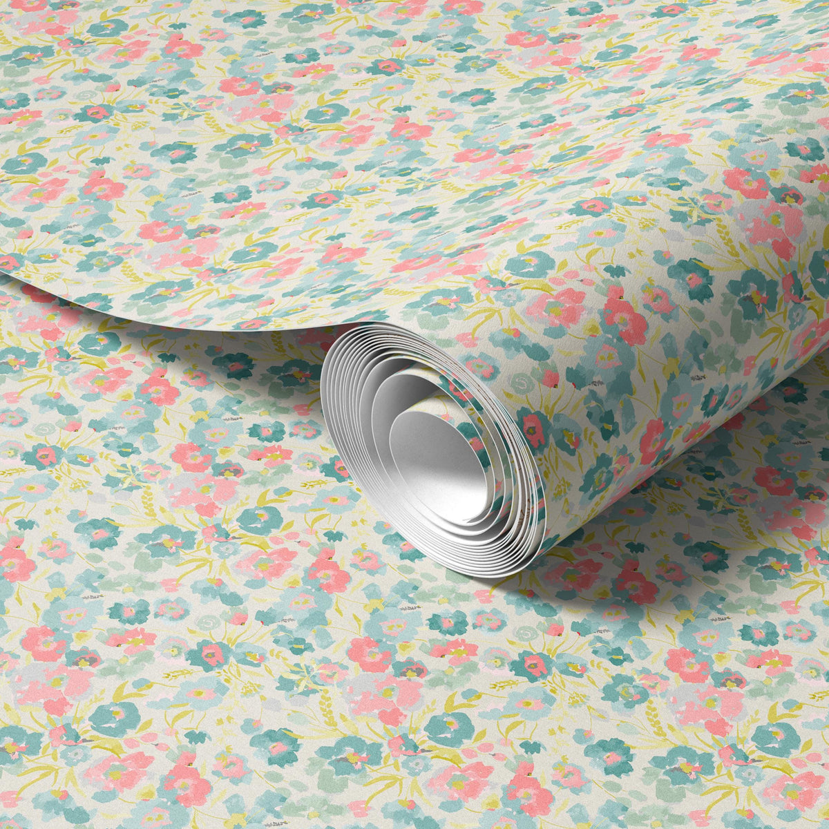 a roll of floral patterned paper or wallpaper with a repeating pattern of pink, green, and yellow flowers.