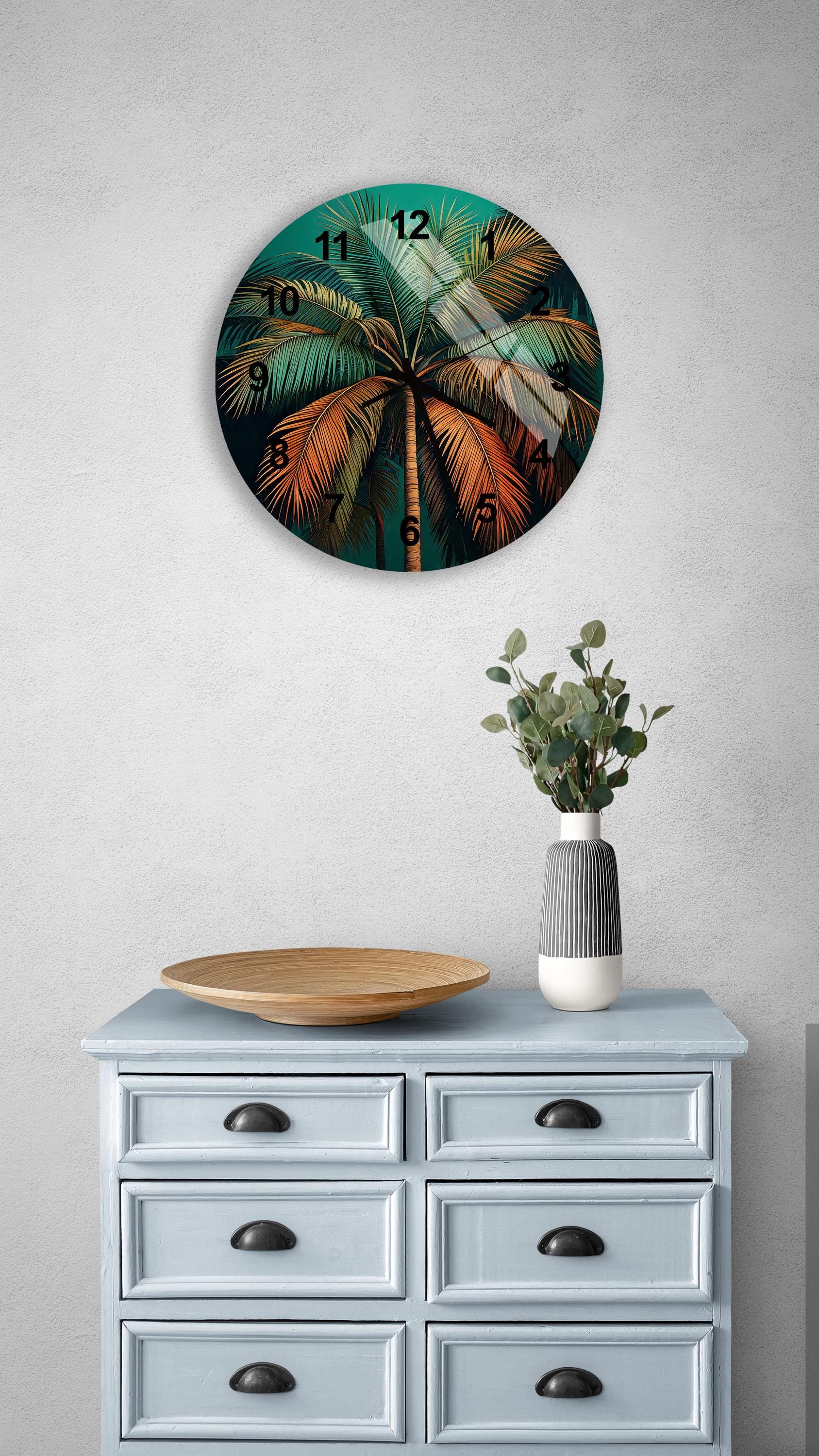 a blue dresser with a wooden bowl on top of it