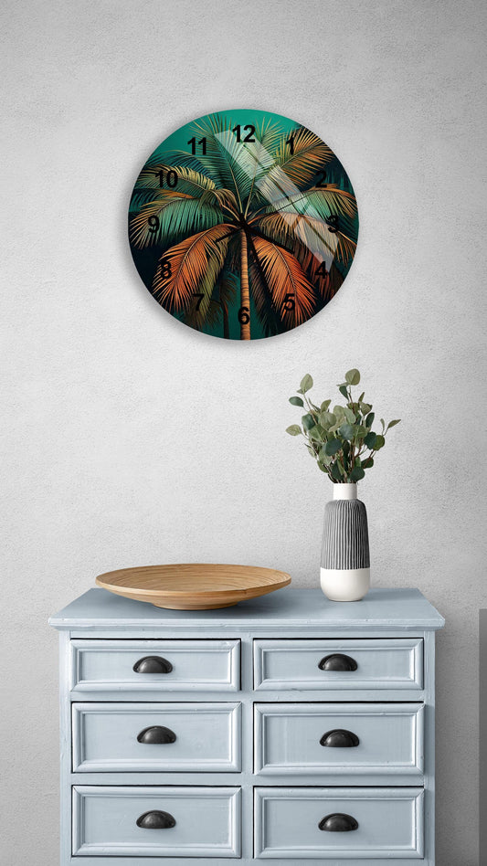 a blue dresser with a wooden bowl on top of it