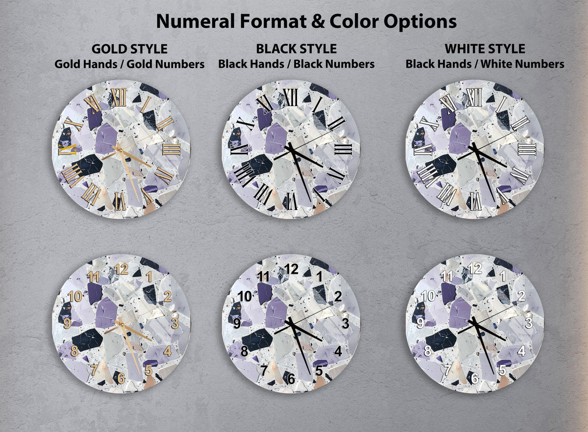 six different clock faces with various styles and color options, including gold, black, white, and black and white.
