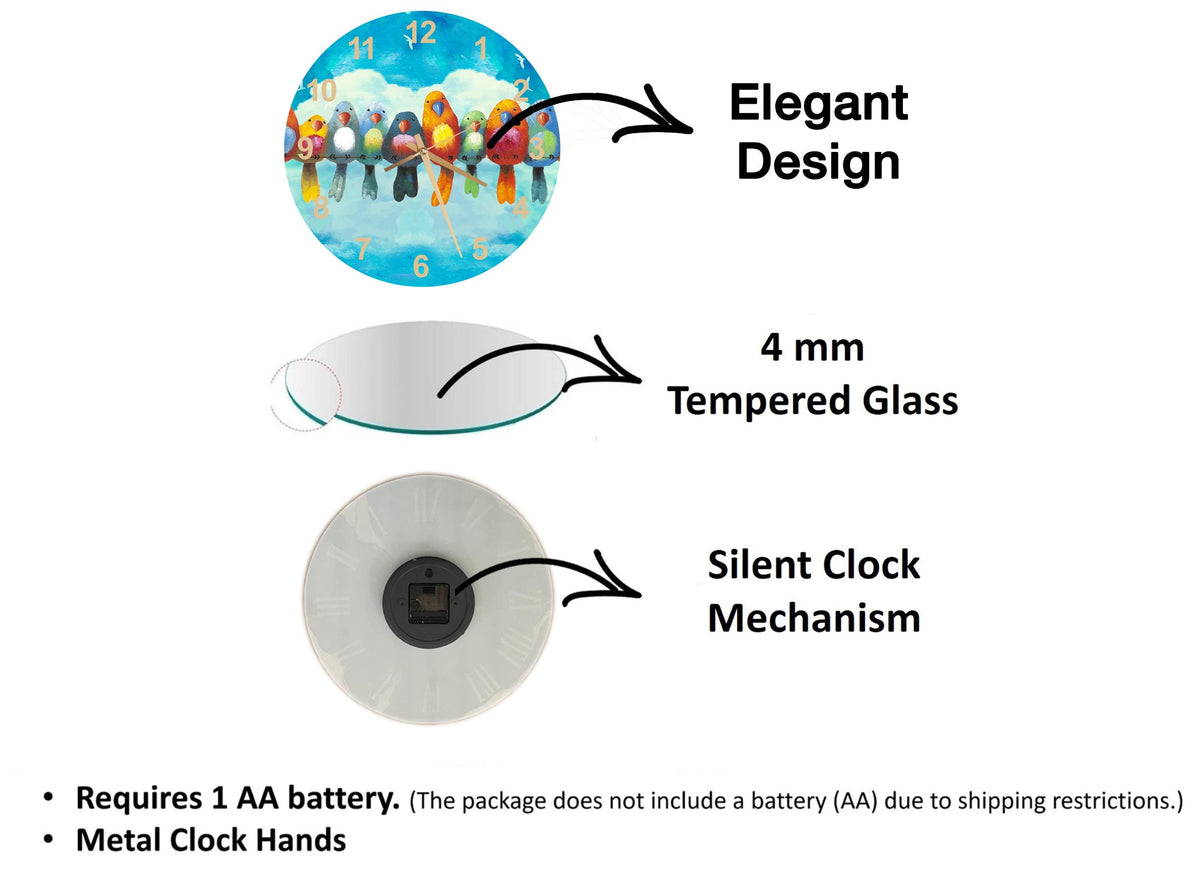 The image is a diagram that illustrates the features of a clock, including a 4 mm Tempered Glass face, a Silent Clock Mechanism, and the requirement of a 1 AA battery.