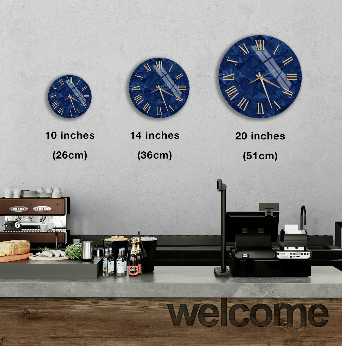 a wall with three blue clock faces, each displaying different sizes. Below the clock faces, there is a counter with various items such as bottles and a cash register. The word "welcome" is written on the counter.