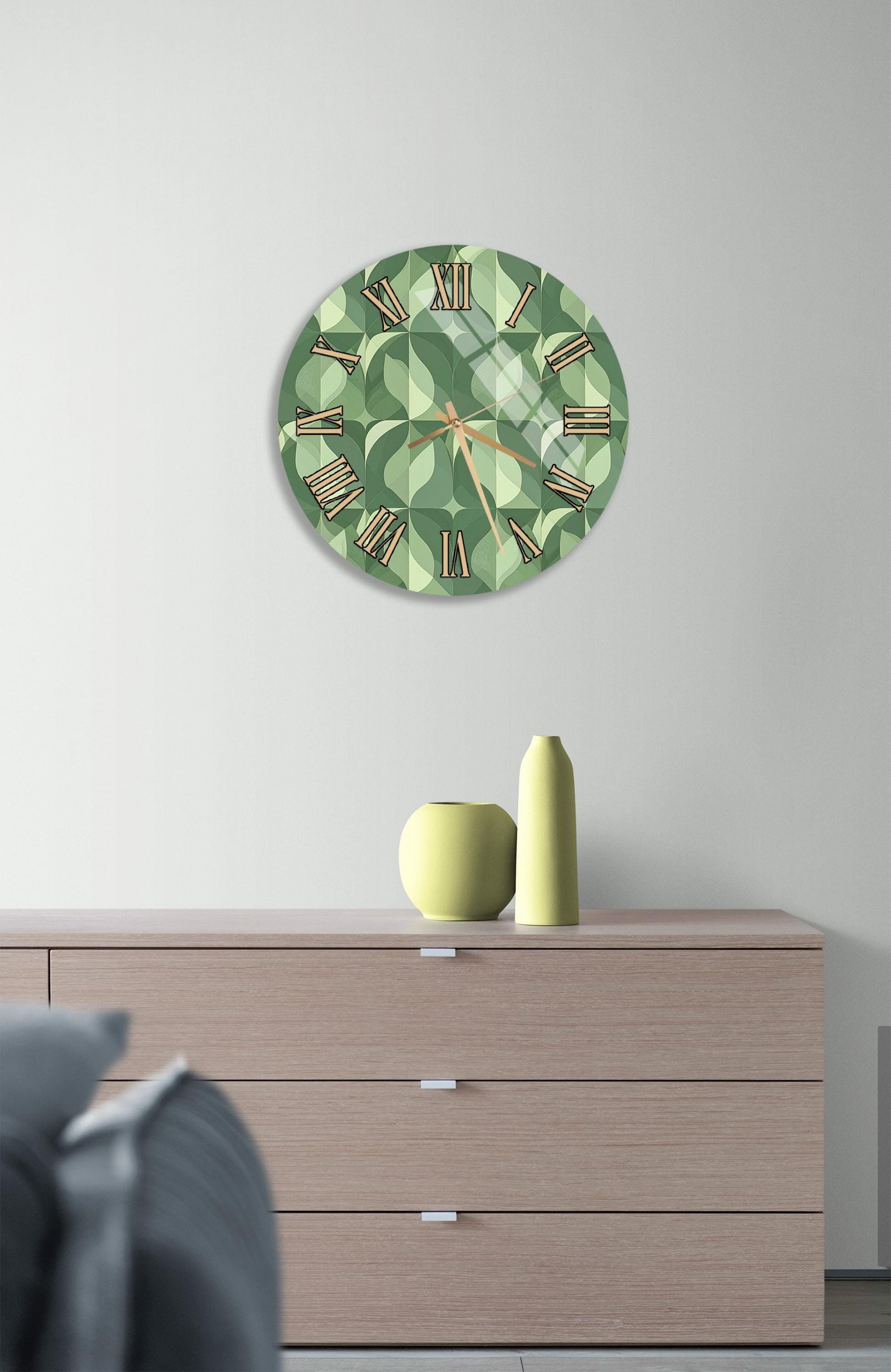 a modern living room with a large green clock on the wall above a wooden dresser. The dresser has three drawers and a vase on top.