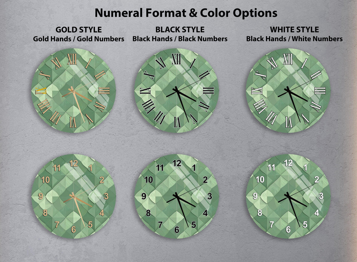 a collection of six clock faces with different styles and color options, including gold hands, black hands, black numbers, white hands, black numbers, and white numbers.
