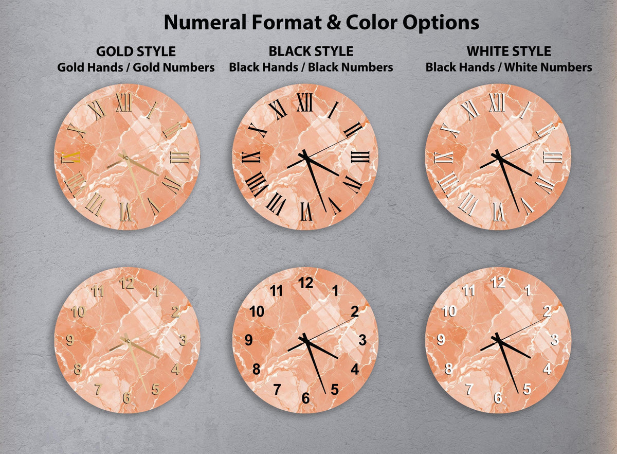 a collection of six different clock designs, each with a unique style and color option. The clocks are arranged in a grid format, with two rows and three columns. The clock designs include a gold style with gold hands and numbers, a black style with black hands and numbers, and a white style with black hands and white numbers.