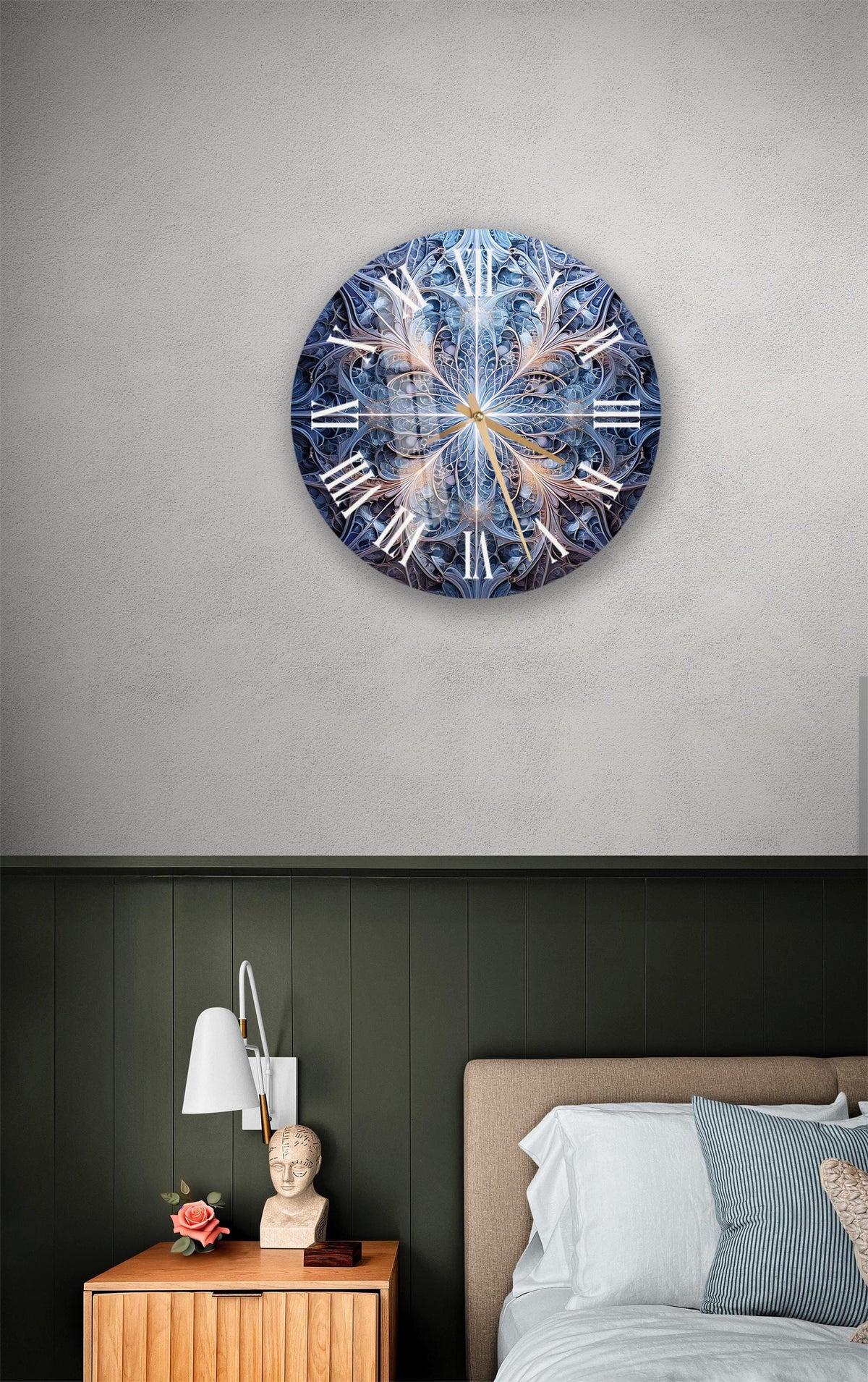 a bedroom with a bed and a large clock on the wall