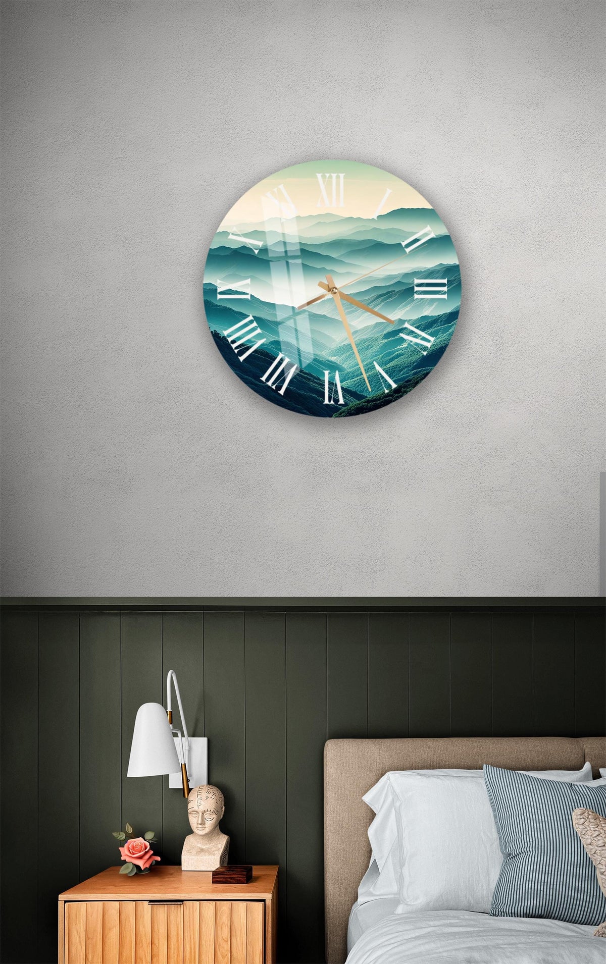 a bedroom with a bed and a clock on the wall