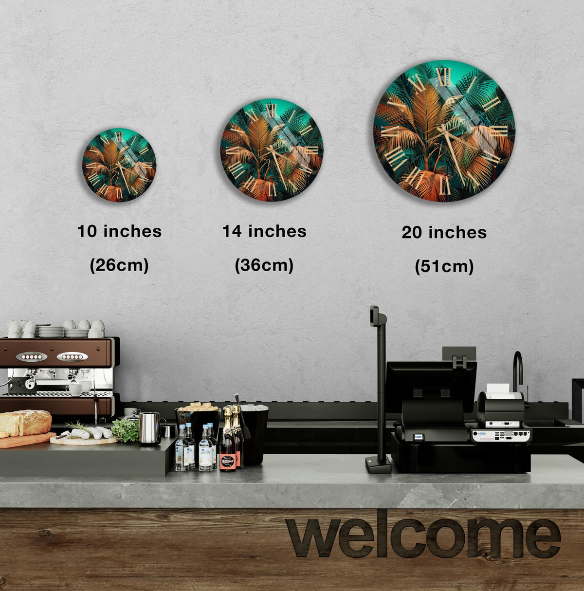 a coffee shop with three clocks on the wall