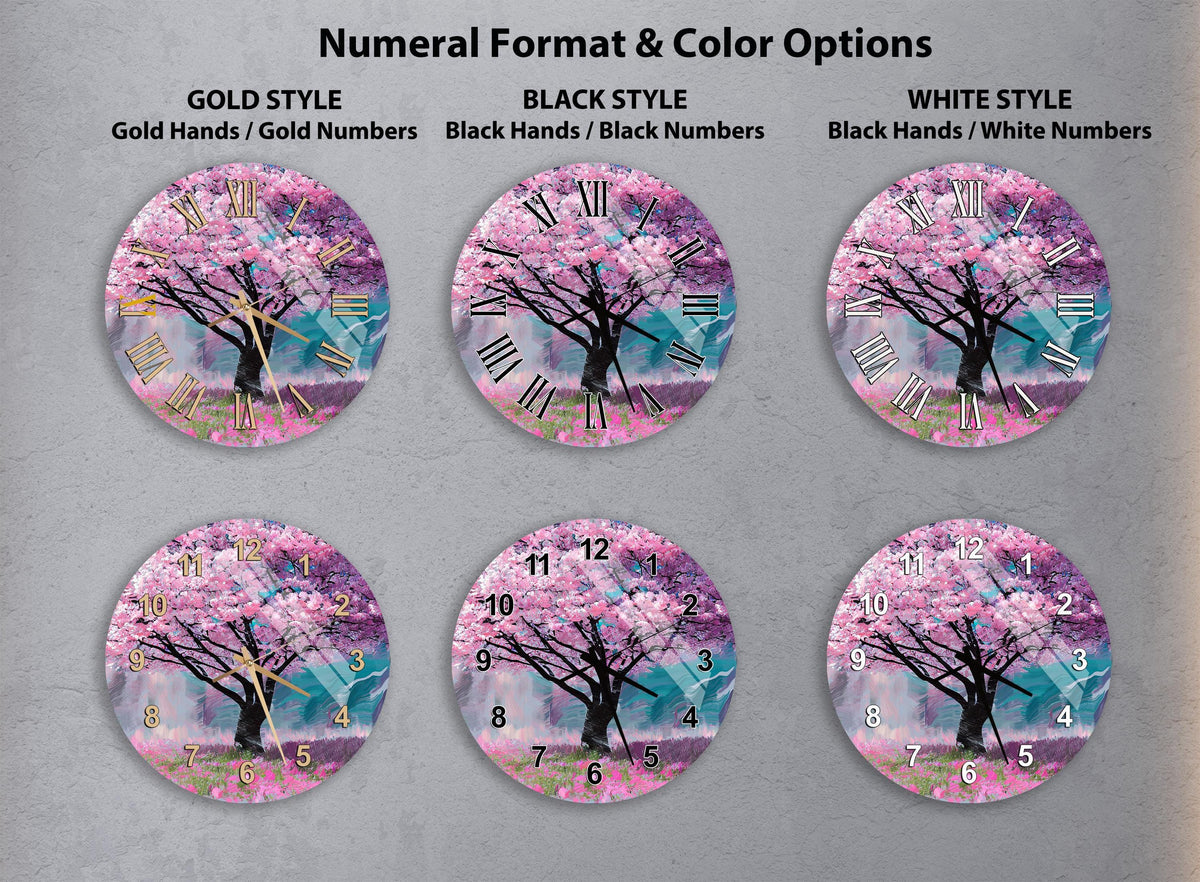 a collection of six clock faces, each with a different color and style, featuring a tree with pink blossoms. The clocks are arranged in a grid format, with three rows and two columns. The clocks are designed in gold, black, and white styles, and each clock face has a unique design and color scheme.