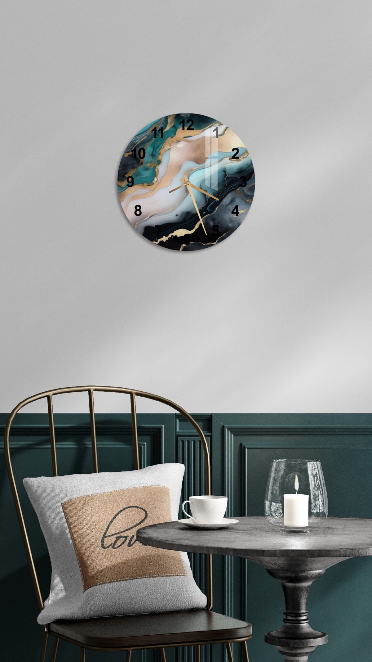 a clock that is on the wall above a table