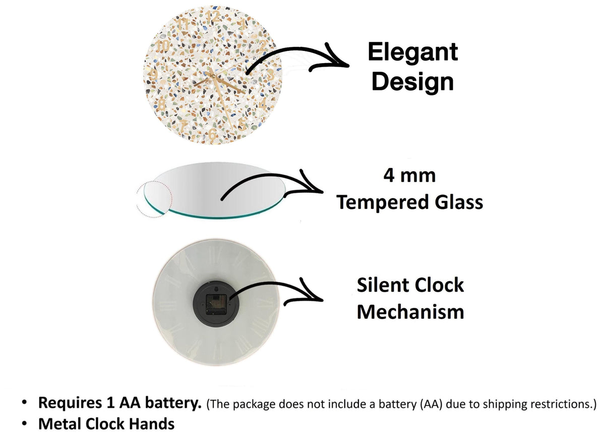 The image is a diagram that illustrates the features of a clock, including the type of glass used, the mechanism, and the battery requirements.