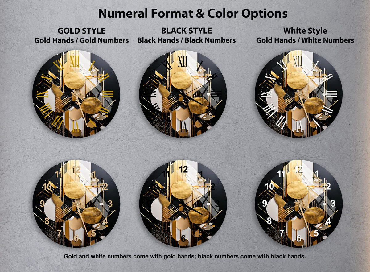 a set of four black and gold wall clocks