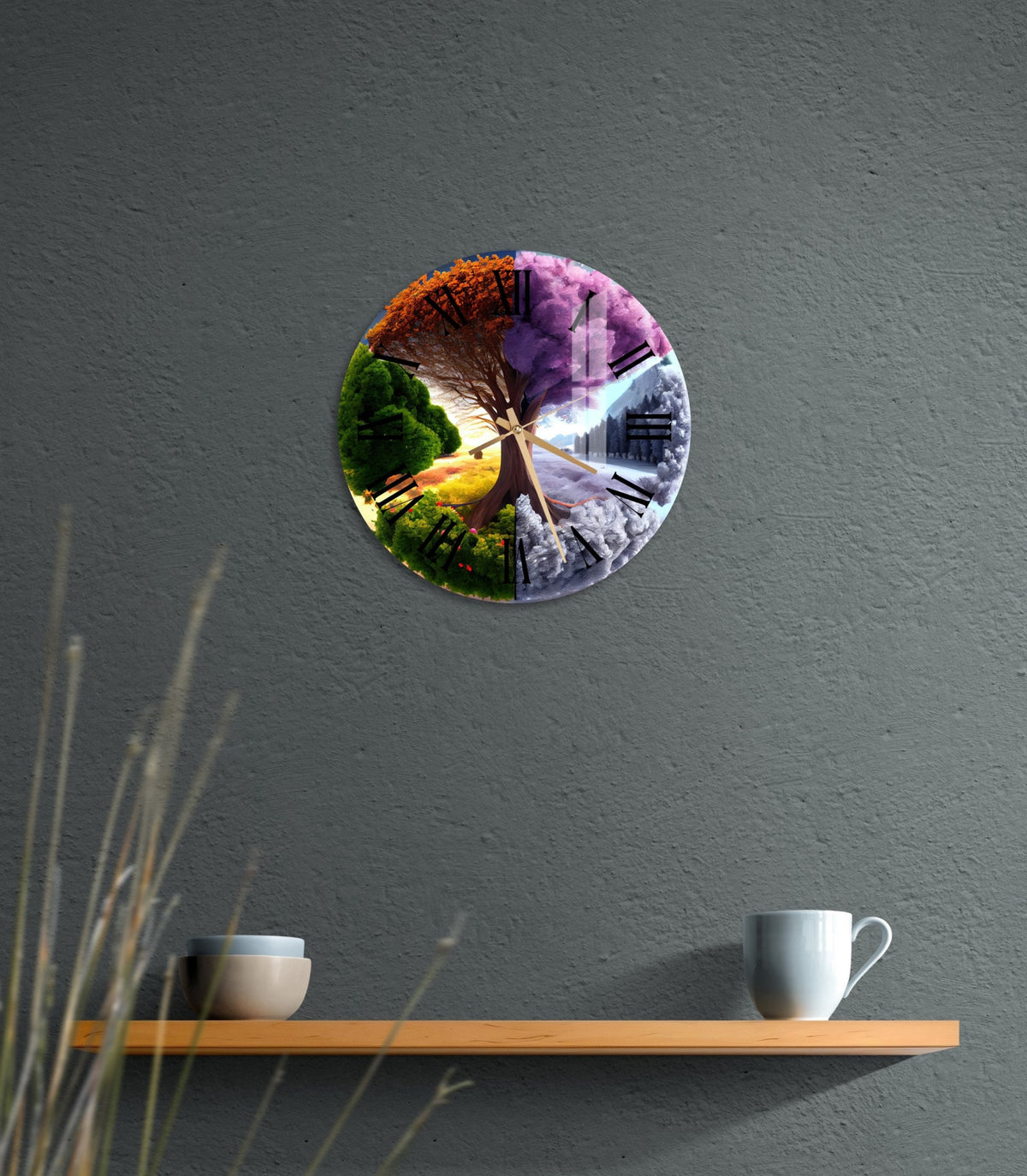 a wall clock with a picture of a tree on it