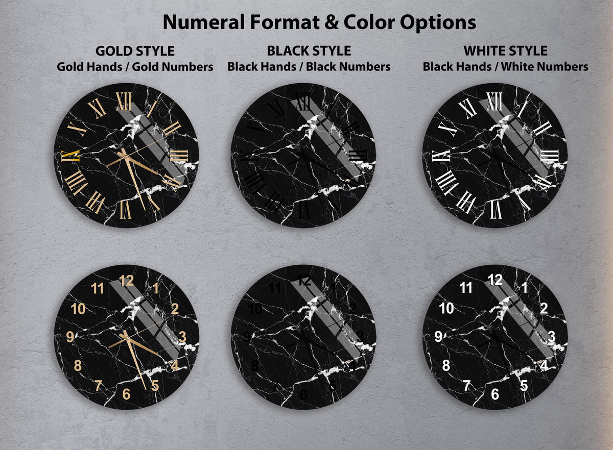 a collection of six clock faces, each with a different color and style, arranged in a grid. The clocks have a marble-like texture and are designed in gold and black colors.