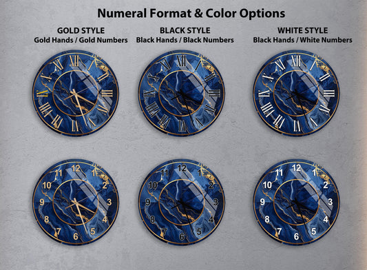 Tempered Glass Wall Clock - Navy Blue Marble Design with Gold Veins | Silent Mechanism