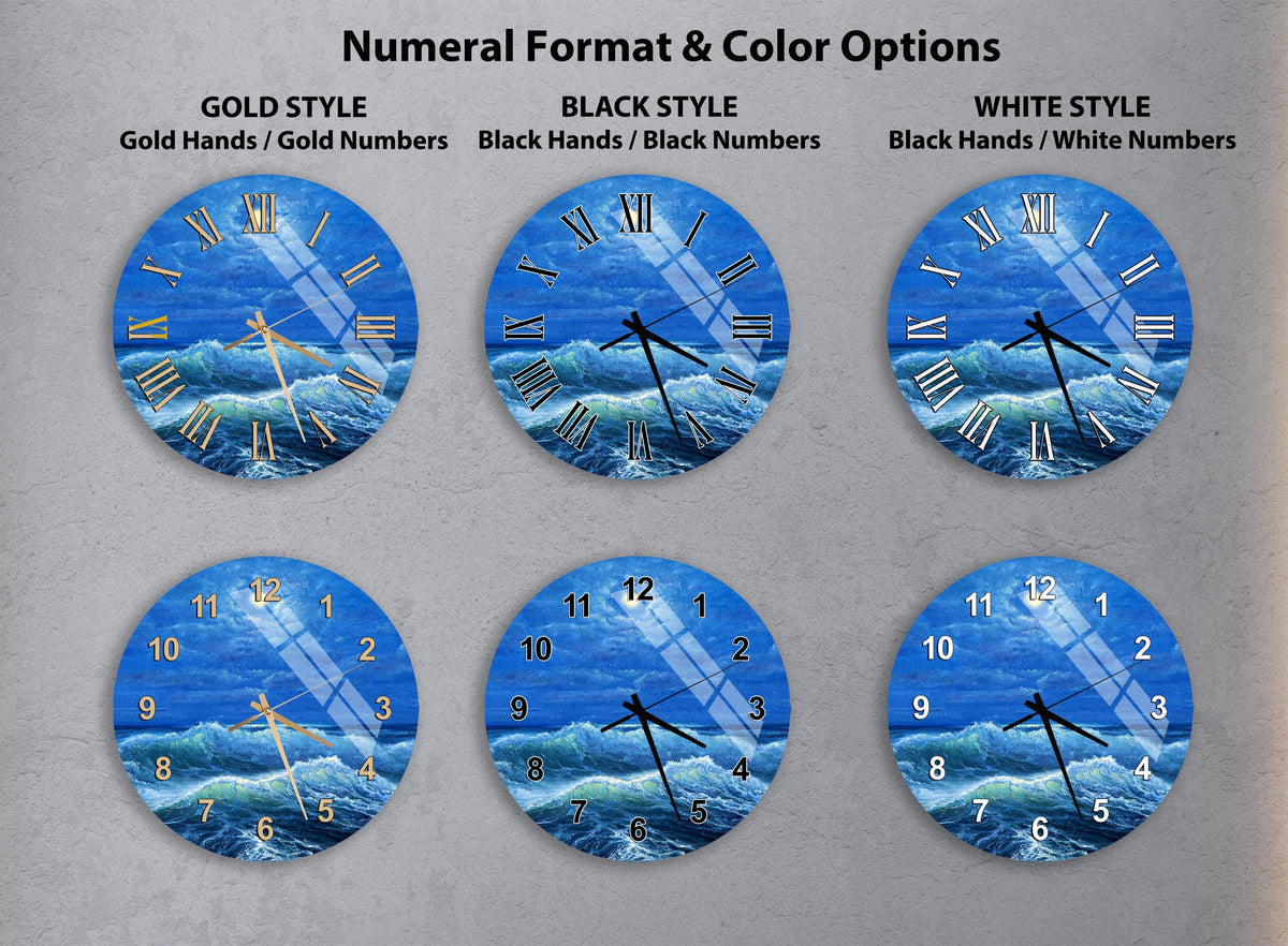 a collection of six wall clocks, each with a different color and style, arranged in a grid. The clocks feature various designs, including a blue ocean scene, a black and white design, and a white and black color scheme.
