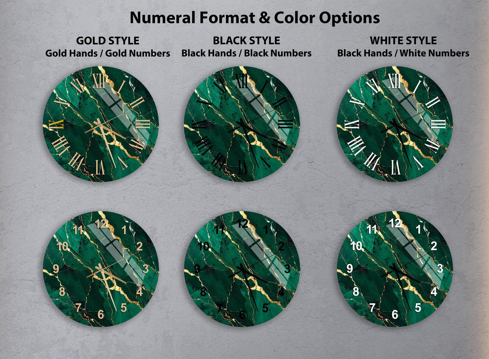 six different clock faces with various styles and color options, including gold, black, white, and green marble designs.