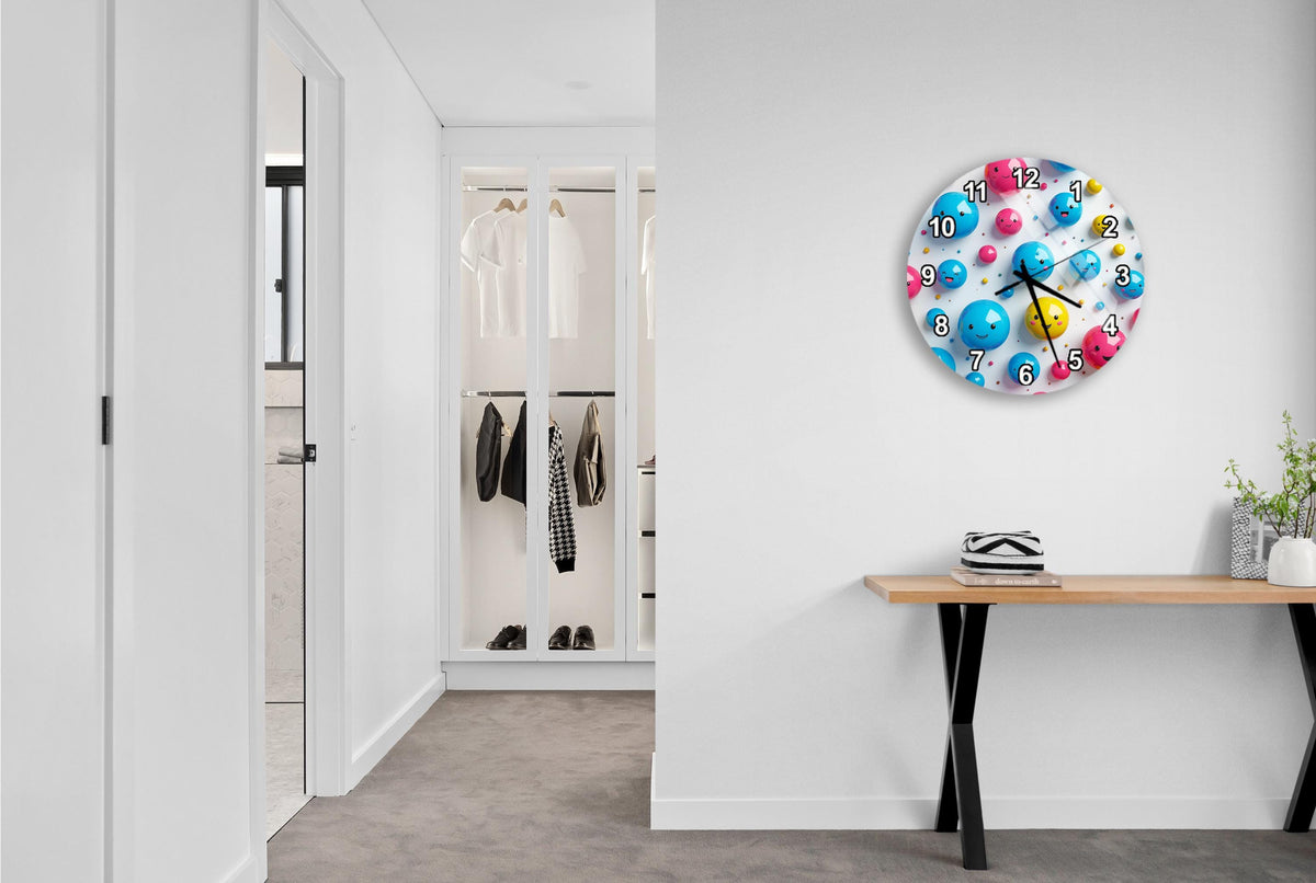 a hallway with a wooden console table, a colorful wall clock, and a closet with hanging clothes.
