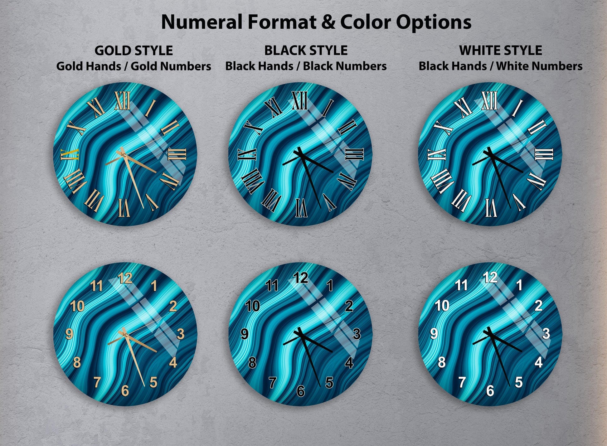 a collection of six clock faces with different styles and color options, including gold hands, black hands, black numbers, white hands, black numbers, and black numbers.