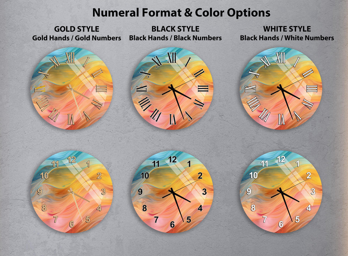 a collection of six wall clocks with different styles and color options, arranged in a grid format.
