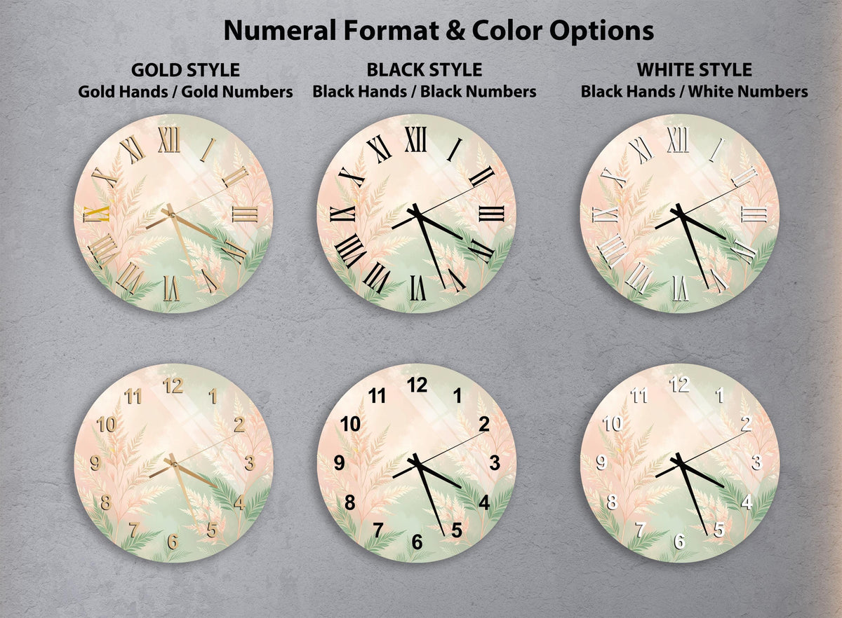 a collection of six wall clocks with different styles and color options, arranged in a grid format.