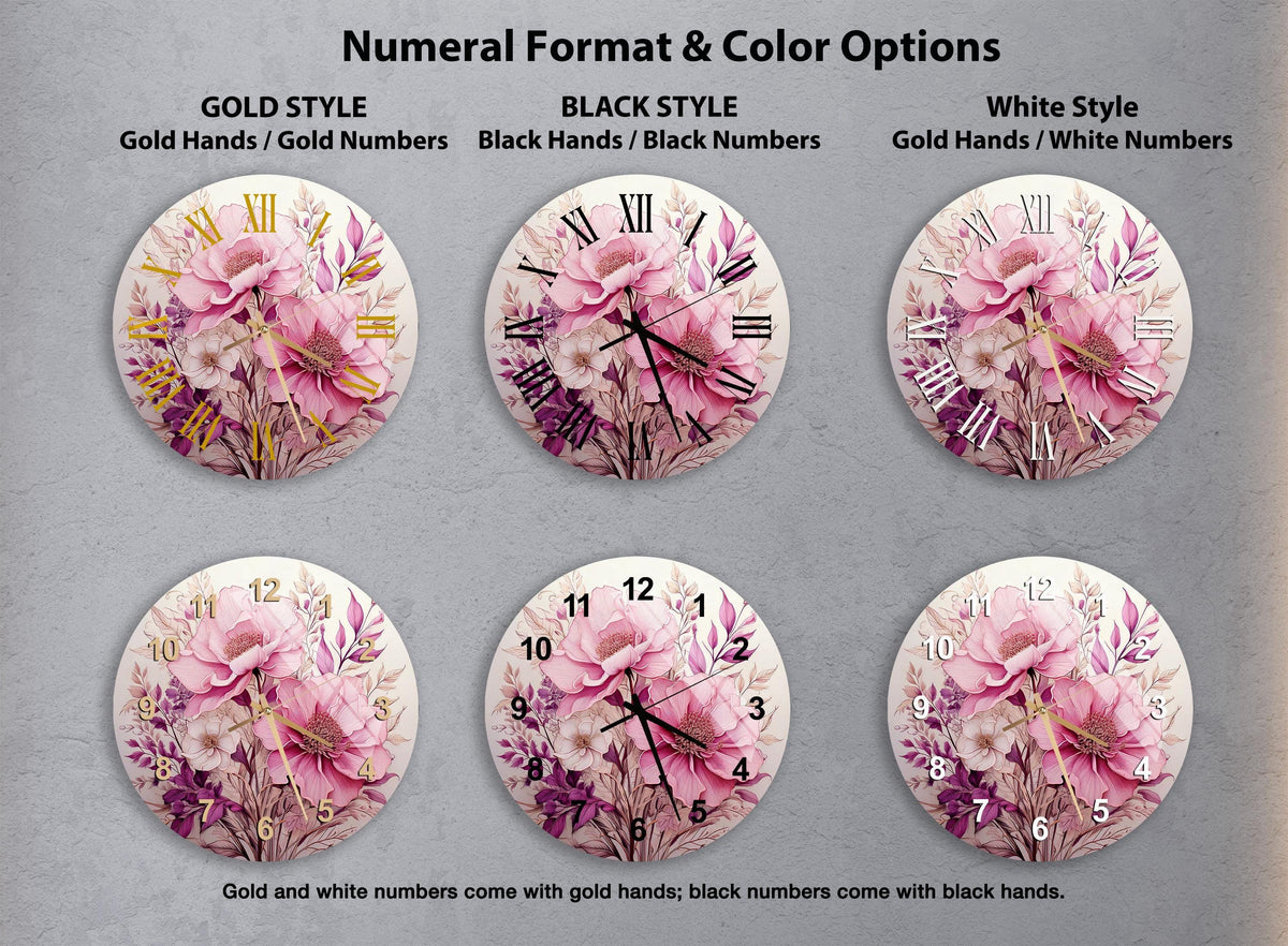 a set of four clocks with flowers painted on them