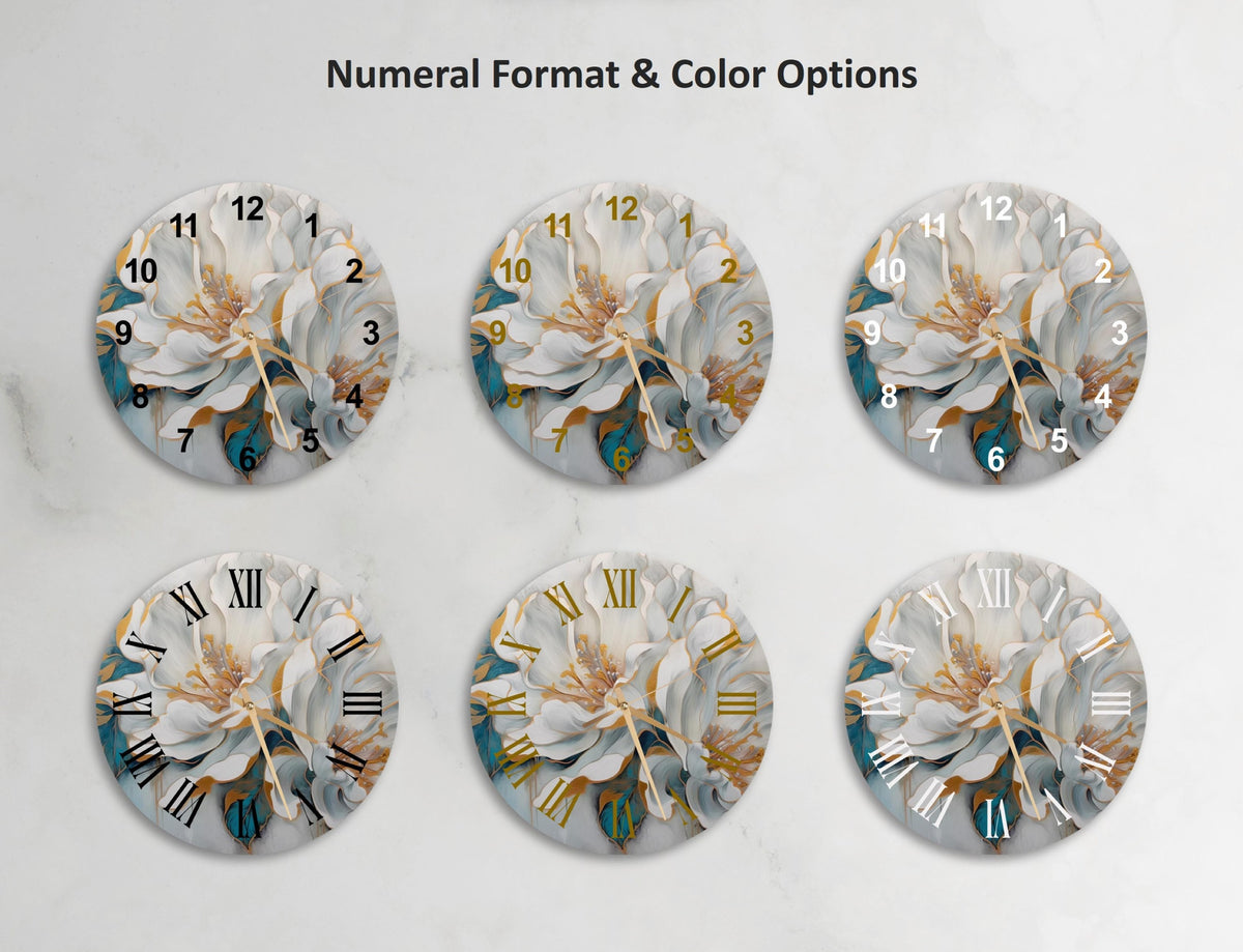 a set of four clocks with flowers on them