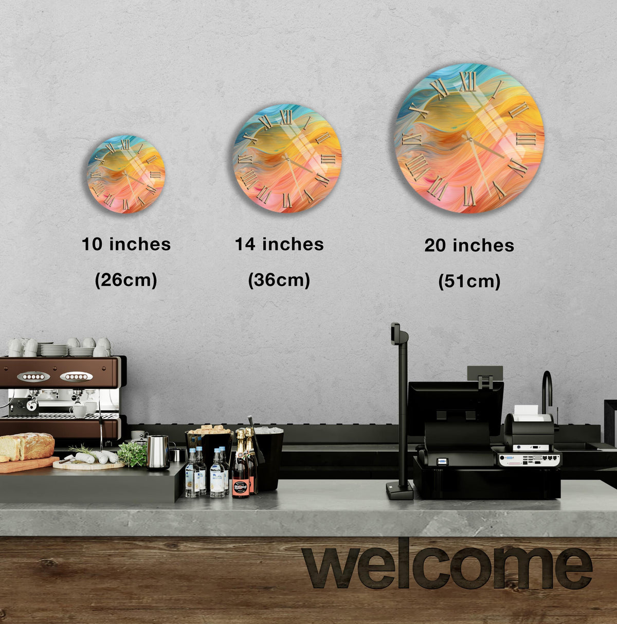 a wall clock with three different sizes, ranging from 10 inches to 20 inches, and a counter with a cash register and various items on it.
