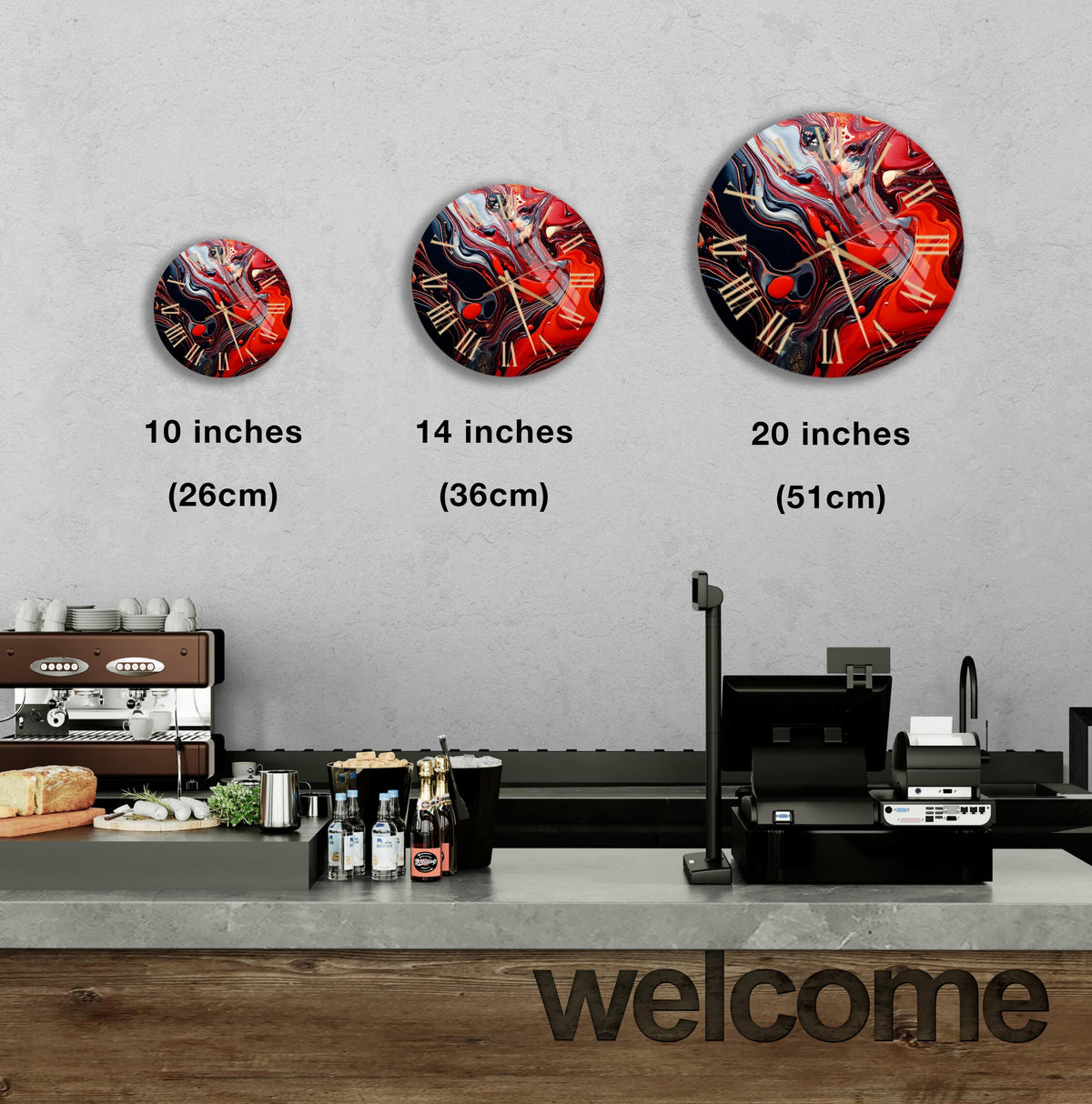 three clocks on the wall above a counter